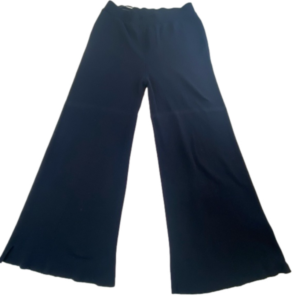 Mango Knit Navy Blue Wide Leg Palazzo Pants Pull On Stretch Flare Office Small